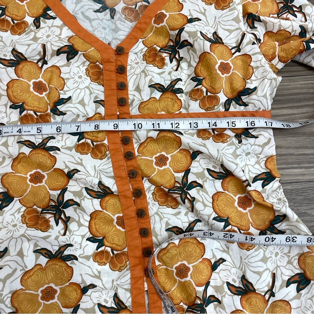 Liz & Co Vintage Cotton White & Orange Floral Button Front Peasant Blouse - Picture 9 of 10